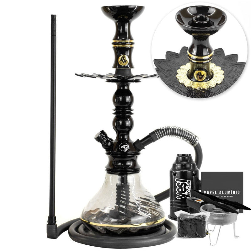 Narguile pequeno Zeus Single Preto Brilho vaso listra Gold prato alusi piteira silicone rosh alusi kiso completo