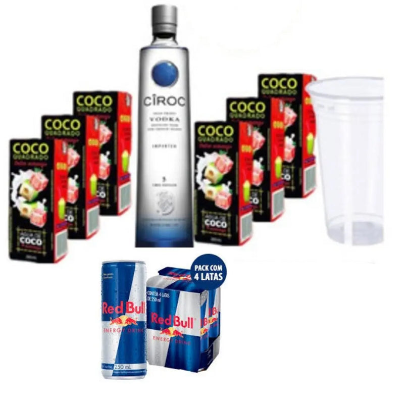 Kit Vodka Ciroc 750ml + 4 Red Bull + 6 Água de Coco