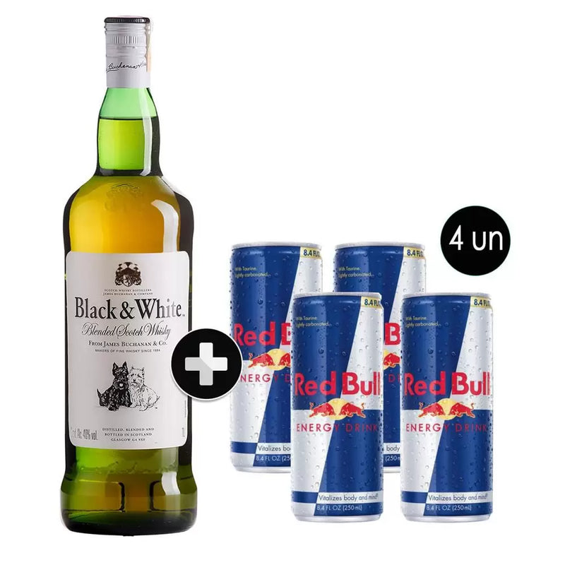 Combo 1 Whisky Black & White 1L + 4 energético Red Bull 250 ml