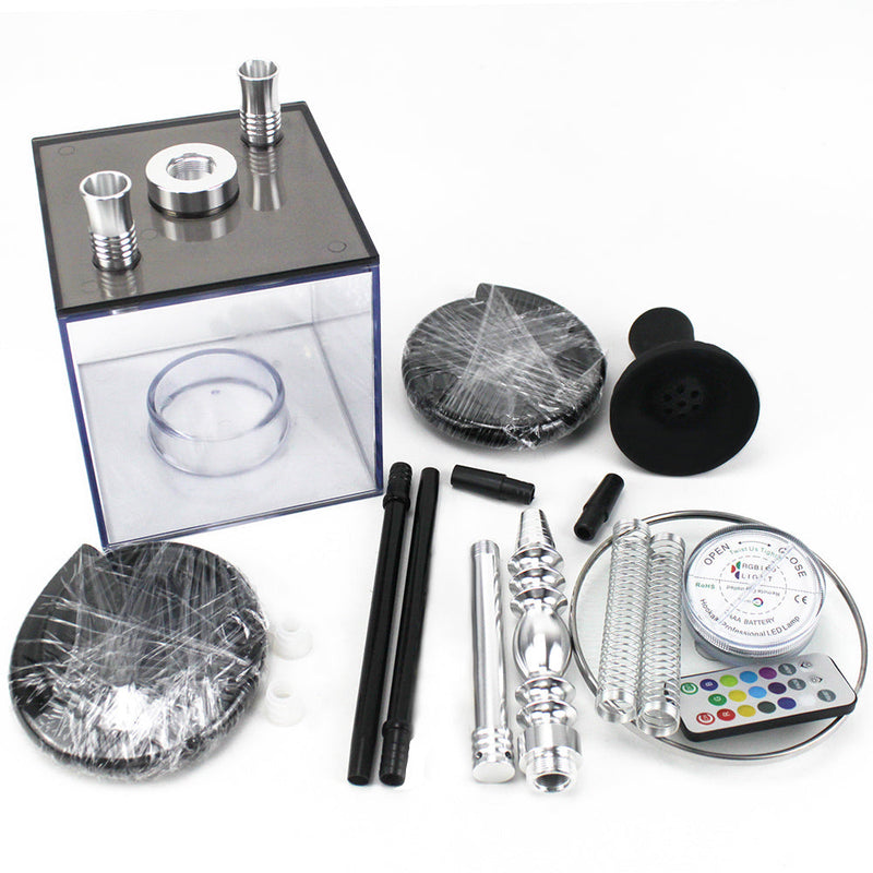 Cubo acrílico hookahs narguile sheesha nargile cachimbas shisha caixa ket cubo acrílico conjunto com 2 mangueira de luz led silicone tigela